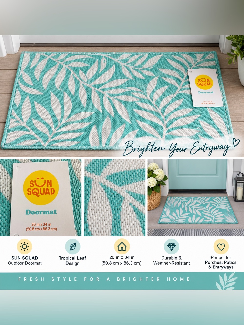 NWT Sun Squad Tropical Leaf Doormat Aqua & White 20x34